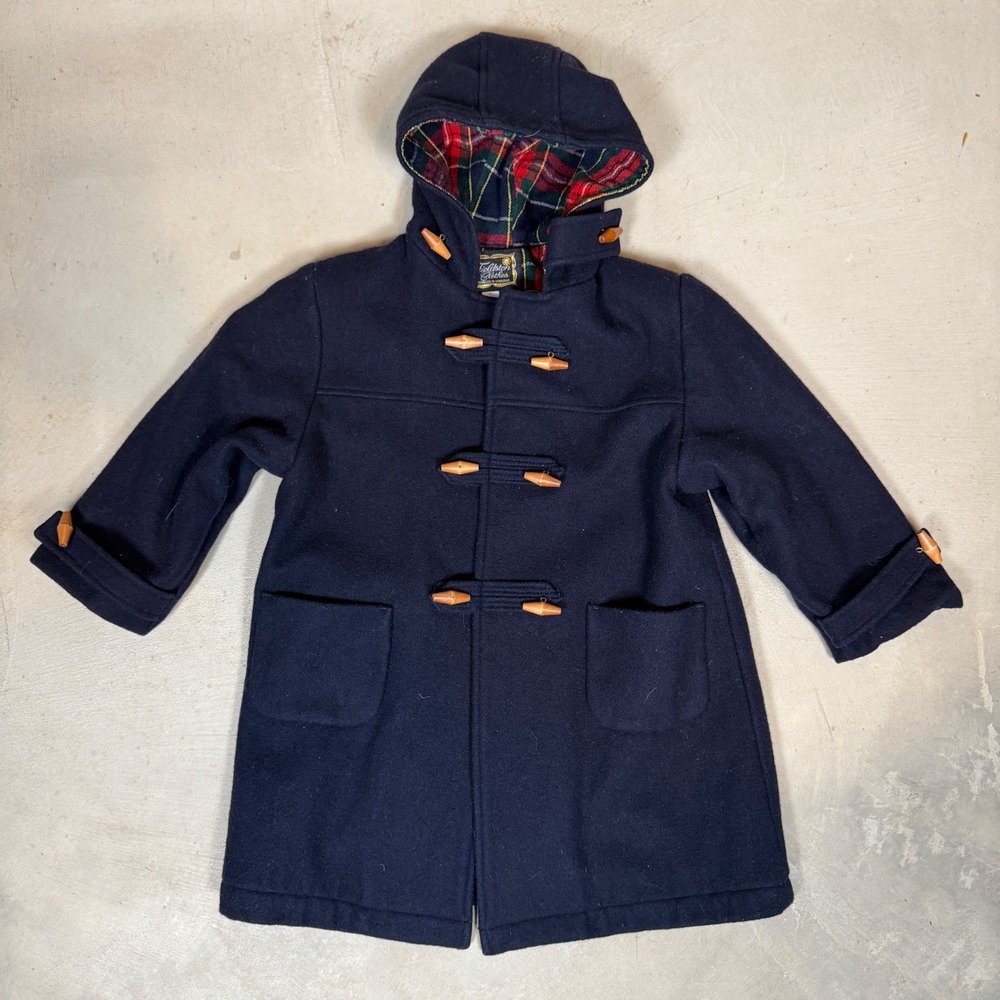 vintage Fieldston Clothes Kids Navy Wool Blend Toggle Duffle Coat Plaid Size 7